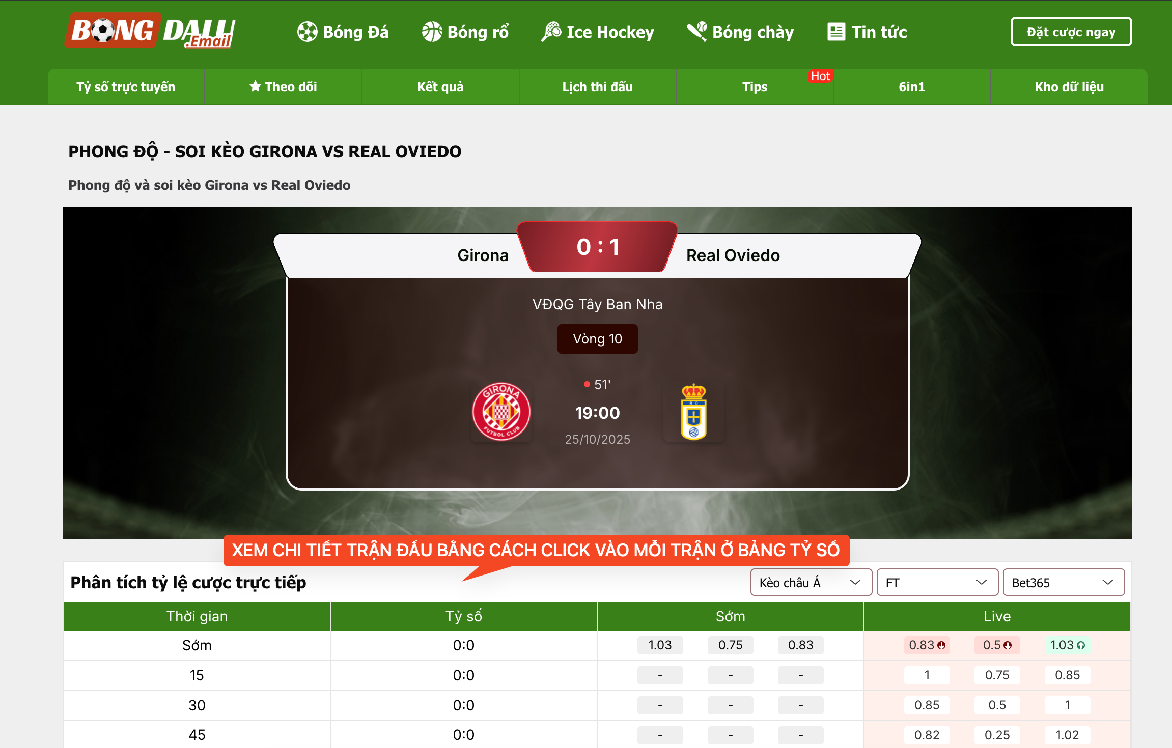 Nhấn vào mỗi trận ở bảng tỷ số để xem chi tiết thống kê, phân tích từng trận